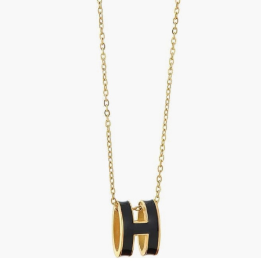 18k Gold plated H necklace in black